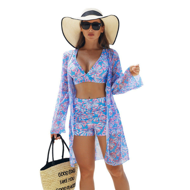 Dame Strand-Set med floral mønster og gennemsigtig Kimono Stilla