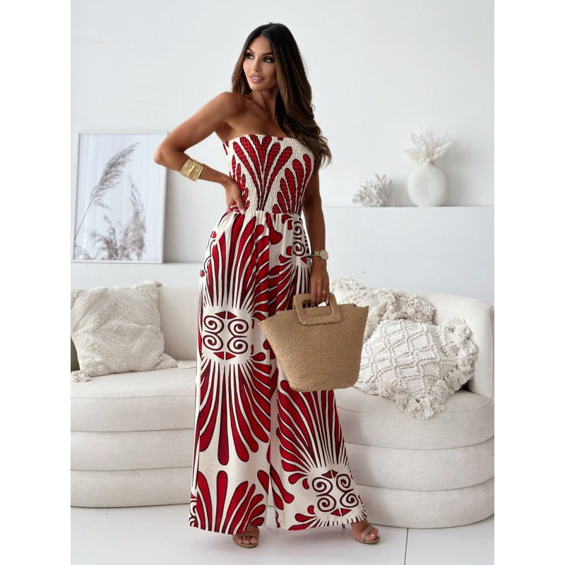 Dame jumpsuit i boho-stil med elastisk overdel og vidde ben Stilla
