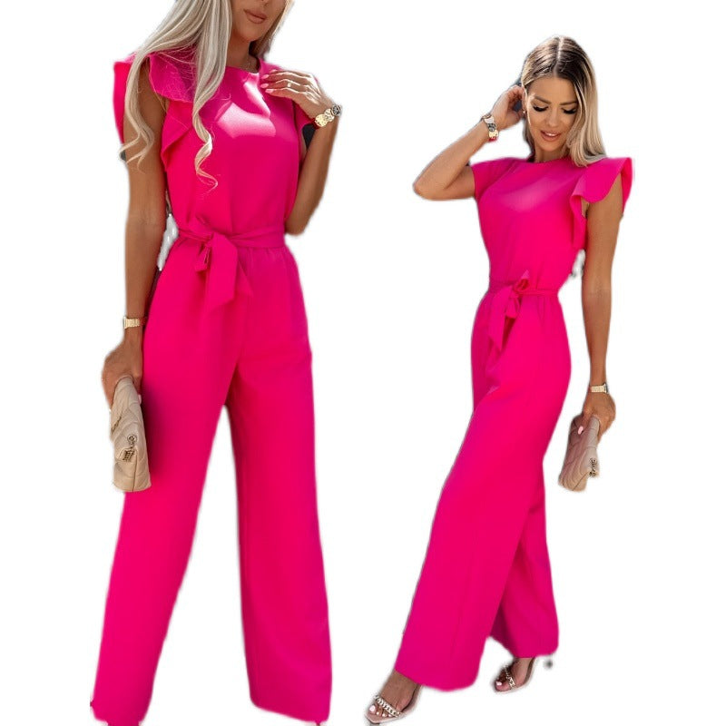Dame elegant jumpsuit med volantærmer og taljebælte Stilla