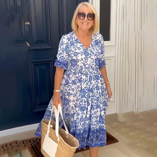 Dame Elegant Floral Trykt Kjole med V-Udskæring og Korte Ærmer Stilla