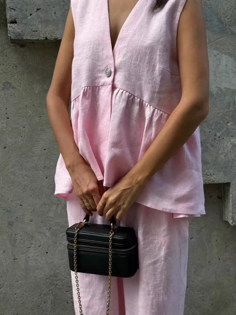 Dame afslappet linned sæt med ærmeløs overdel og bred bukseklip Stiila