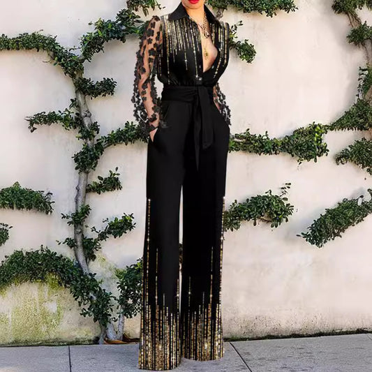 Dame Elegant Jumpsuit med gennemsigtige ærmer og glimtende accenter Stilla