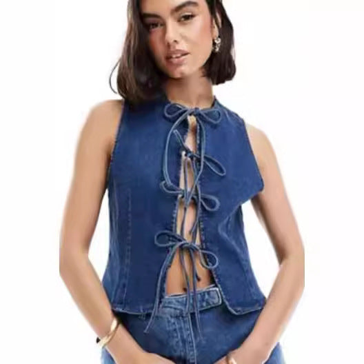 Dame Denim Skjortejakke med raffineret snøredesign Stilla