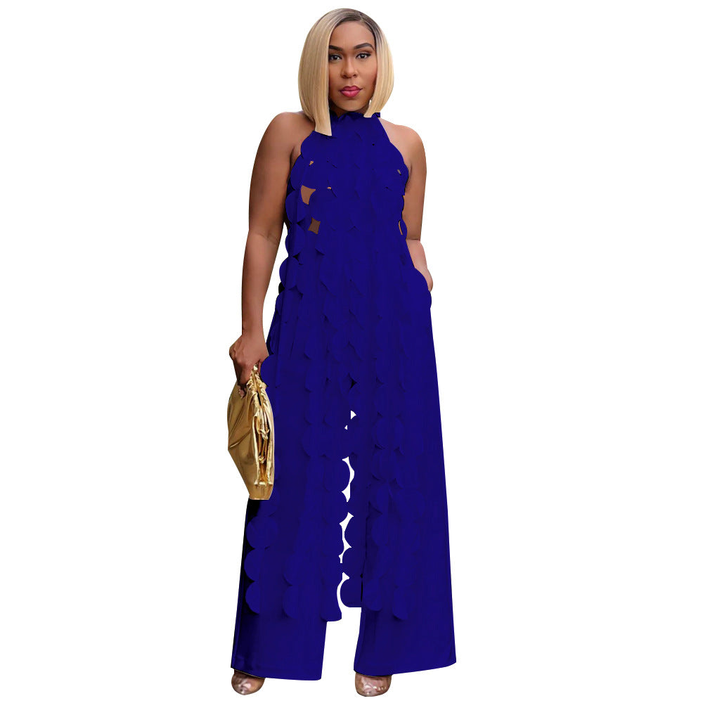 Damer mode Halterneck-jumpsuit med frynset design og lommer Stilla