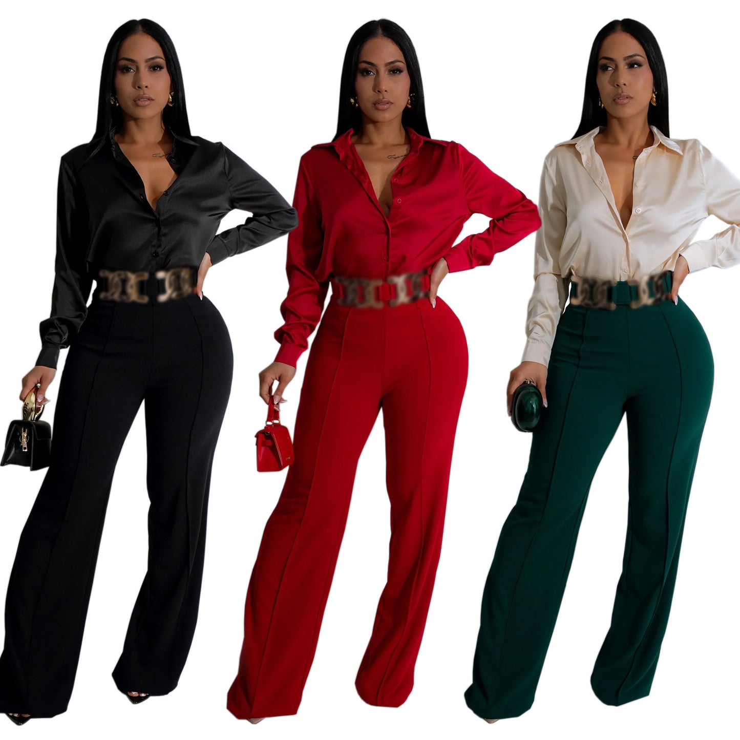 Dame Elegant bluse- og bukse-sæt med høj talje og glansfuldt finish Stilla