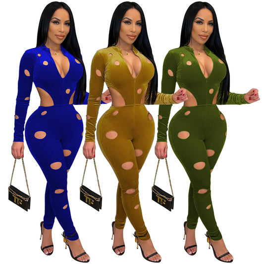 Dame figursyet Cut-Out-Jumpsuit med lange ærmer og lynlås Stilla