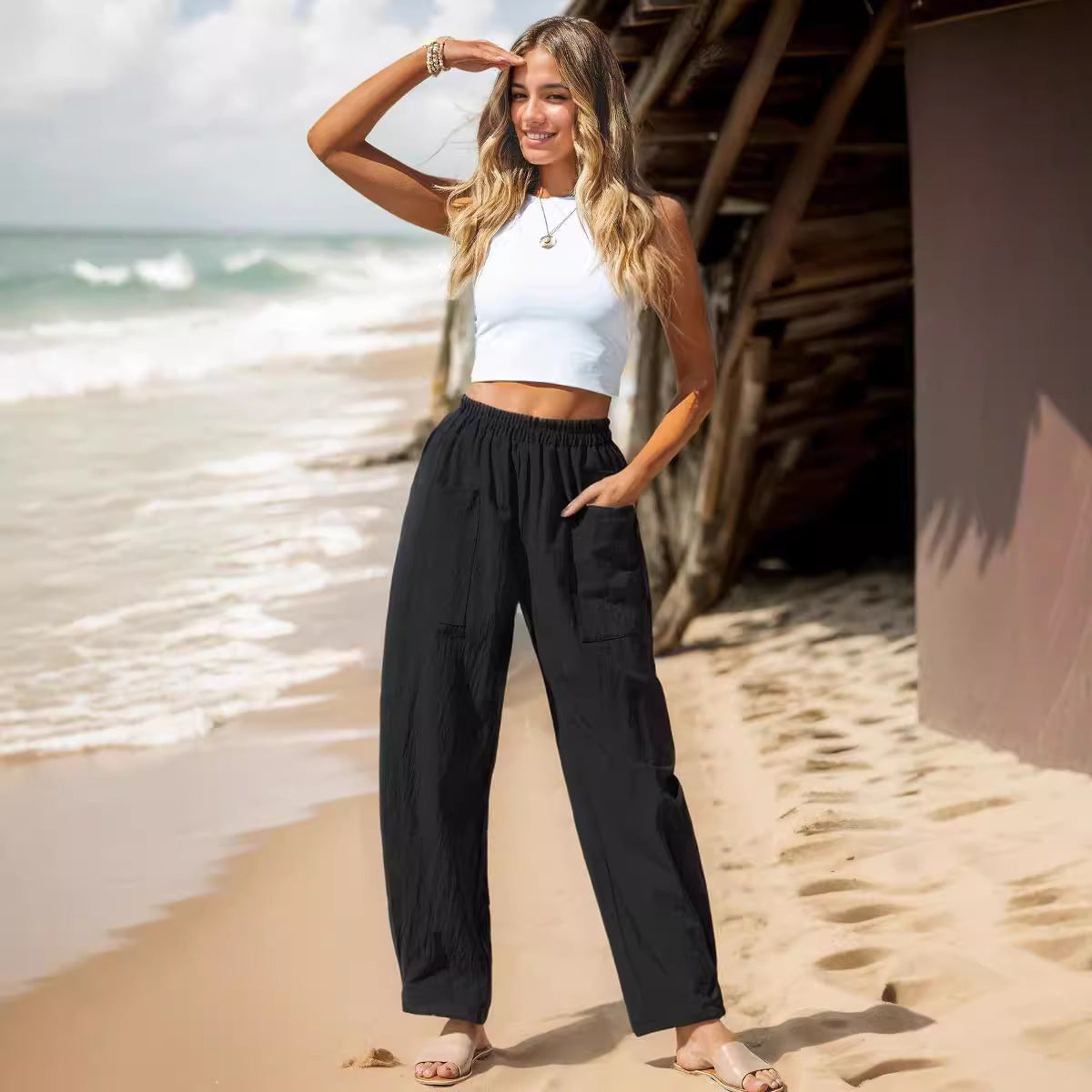 Dame afslappede, løse strandbukser med elastisk taljebånd og praktiske lommer Stiila