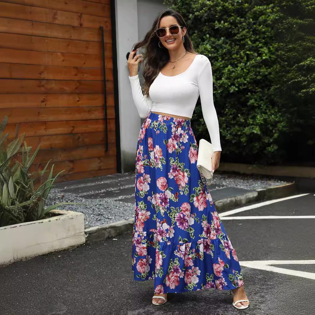 Dame Elastisk Maxiskørt med floralt Volantdesign Stilla