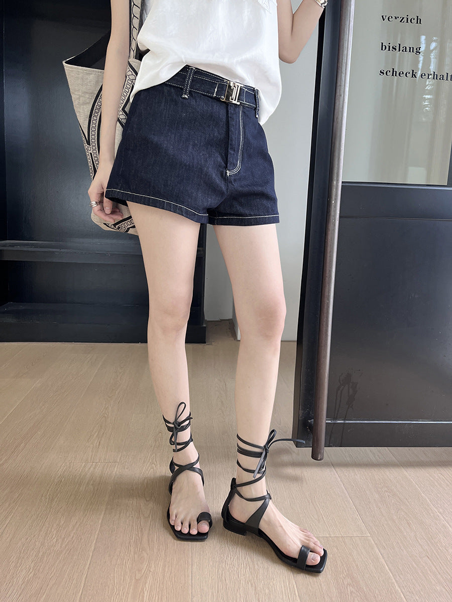 Dame denim-shorts med høj talje og bælt Stilla