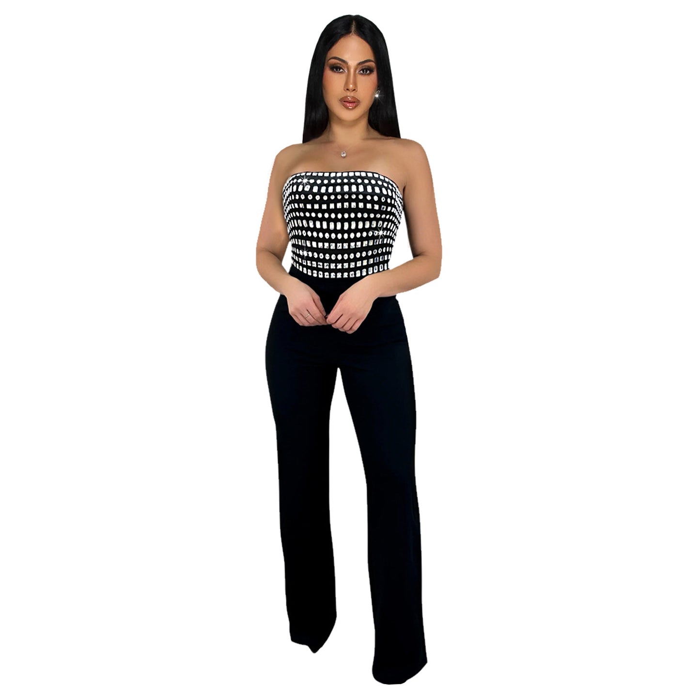 Dame Elegant og tætsiddende Jumpsuit med båndløst design og moderne ternet mønster Stilla