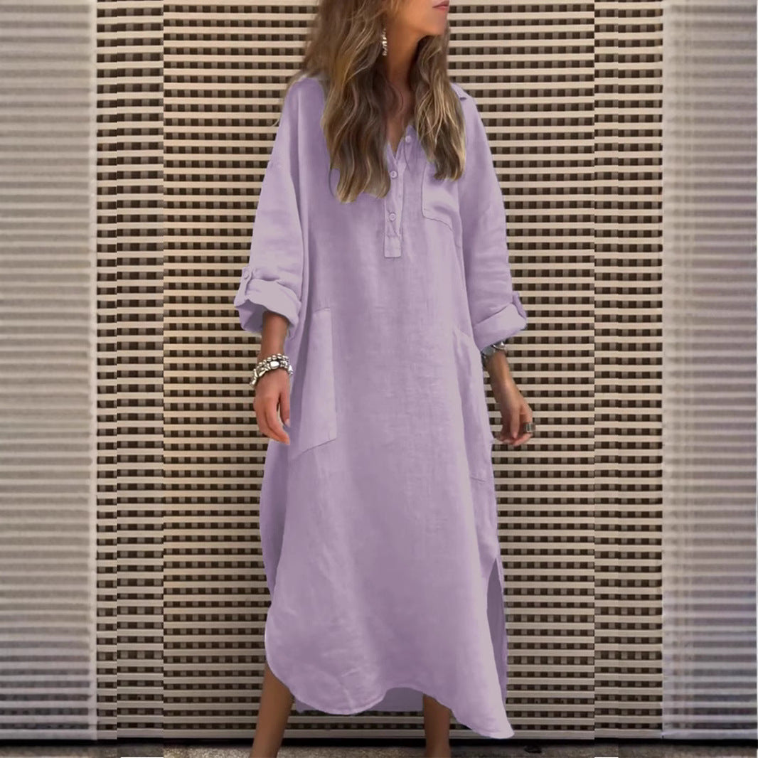 Dame afslappet skjortekjole med sidelommer og opfoldelige ærmer Stilla