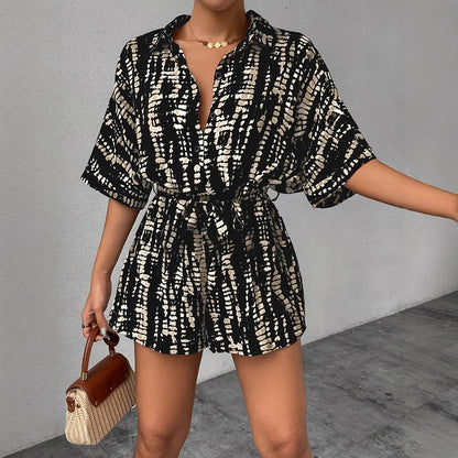 Dame stribet kortærmet skjorte og shorts sæt Stilla