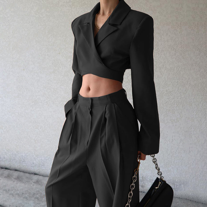 Dame elegant cropped blazer og brede bukser sæt Stilla