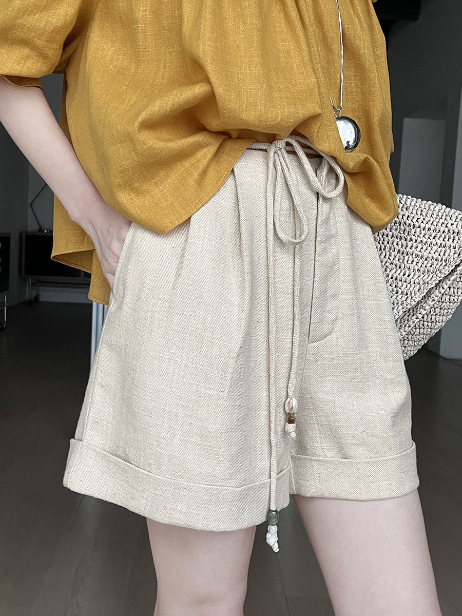 Dame afslappede linned-shorts med høj talje og bæltestropper Stilla