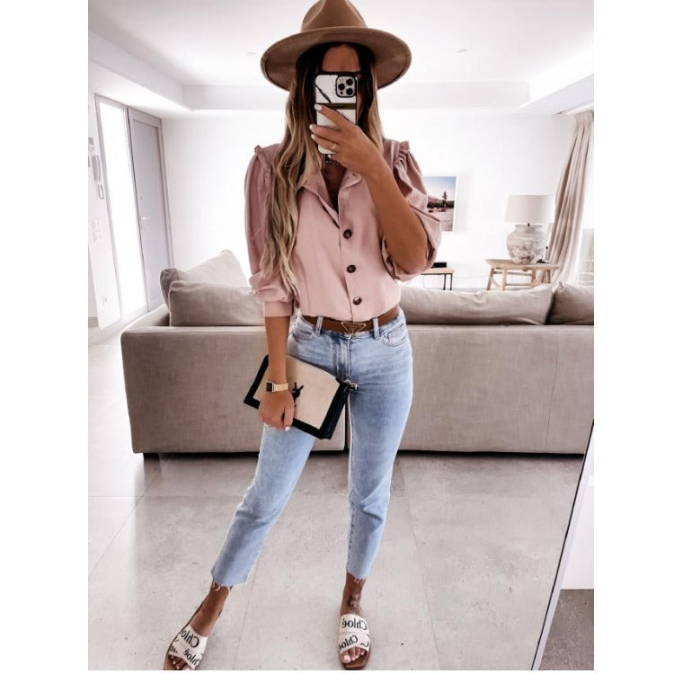 Dame Elegant Knap-up Bluse med Pufærmer Stilla