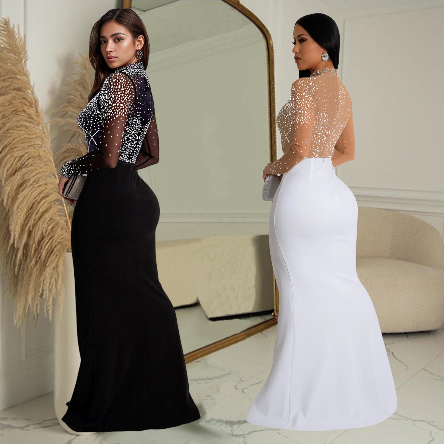 Dame Elegant aftenkjole med dekorative rhinestones-applikationer og nobelt slids Stilla