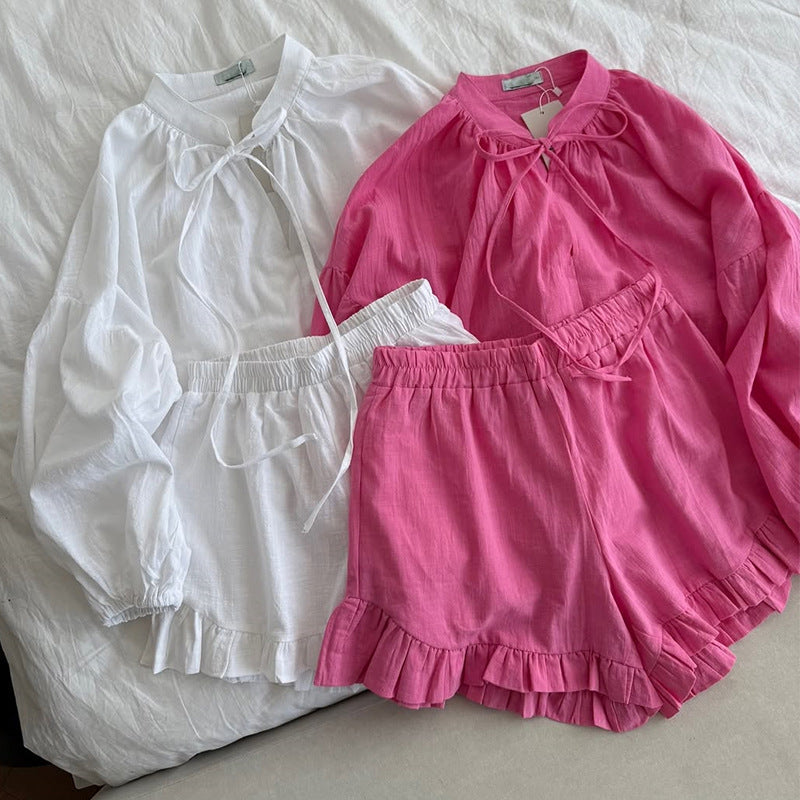 Dame Linned Shorts-Sæt med voluminøse ærmer og flæsedetaljer Stilla