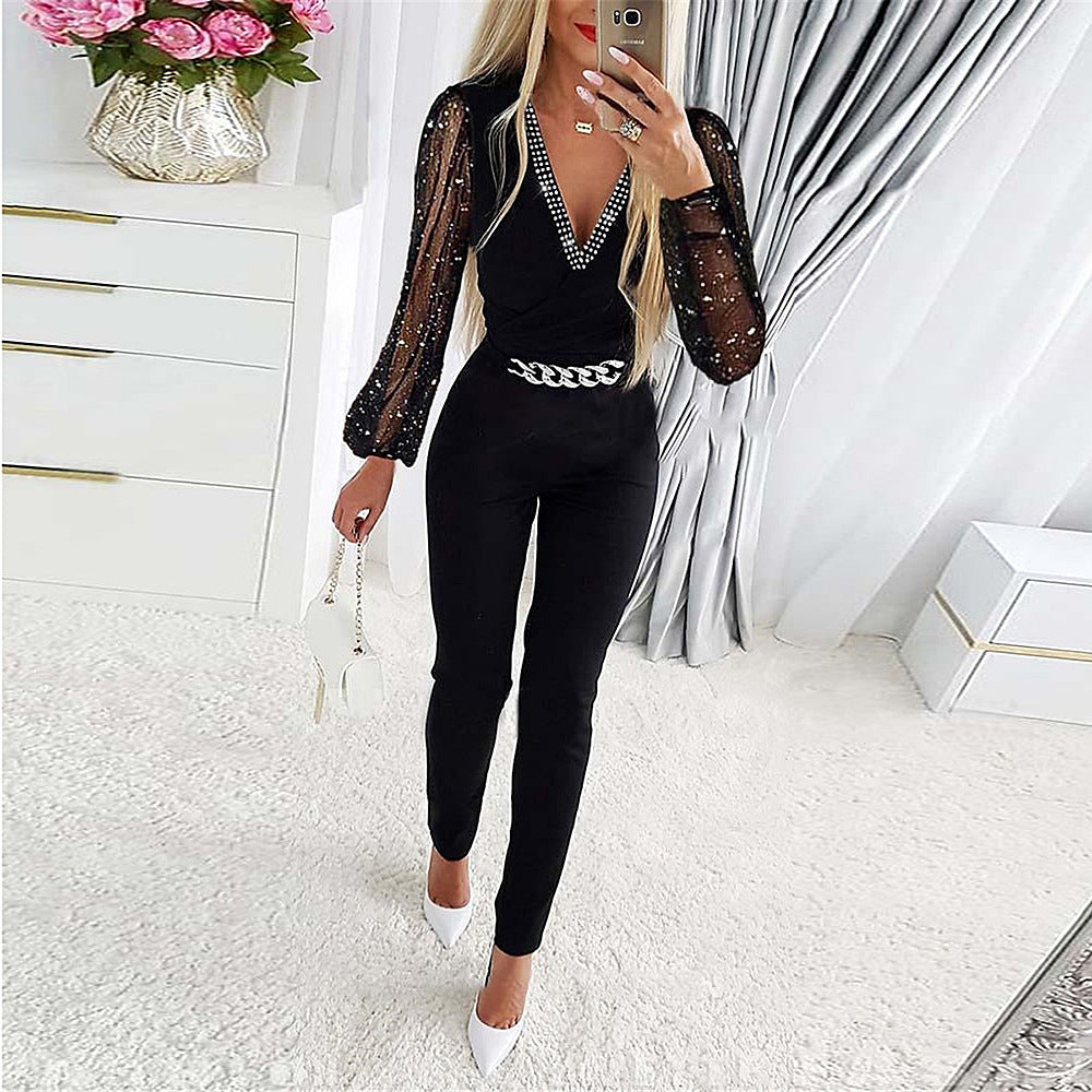 Dame Elegant Jumpsuit med glitrende ærmer og dyb V-udskæring Stilla