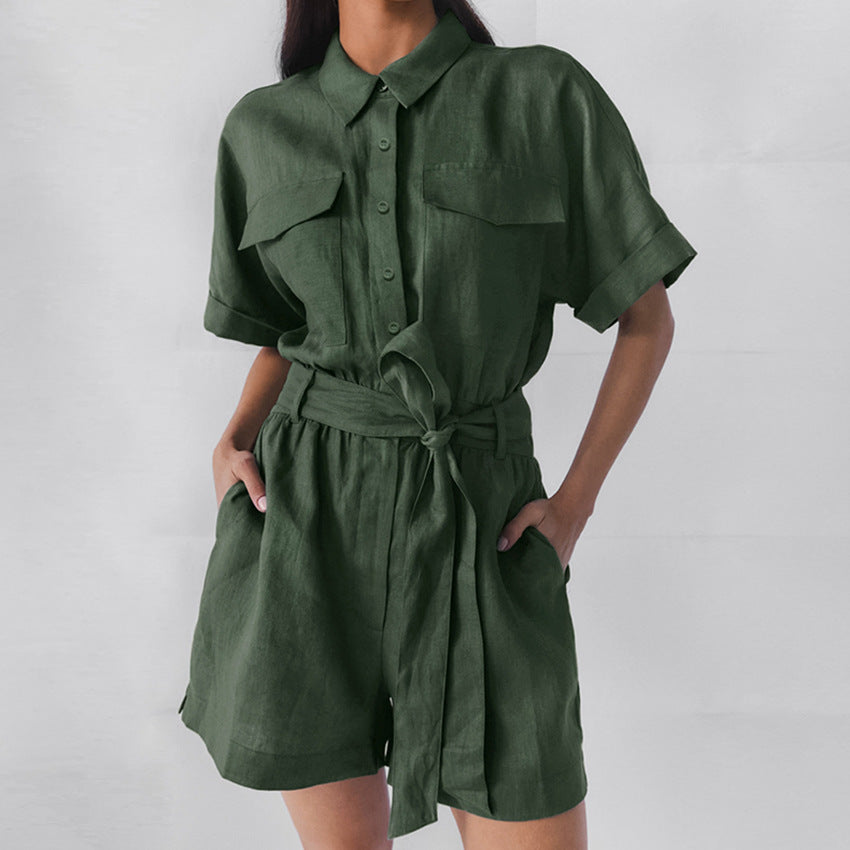 Dame behagelig kort jumpsuit med mode skjortekrave og bindebælte Stilla