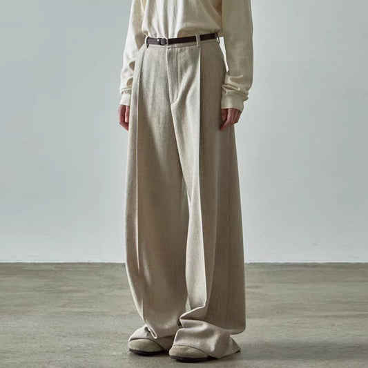 Dame elegant bred uldbukser med høj talje og mode bindebælte Stilla