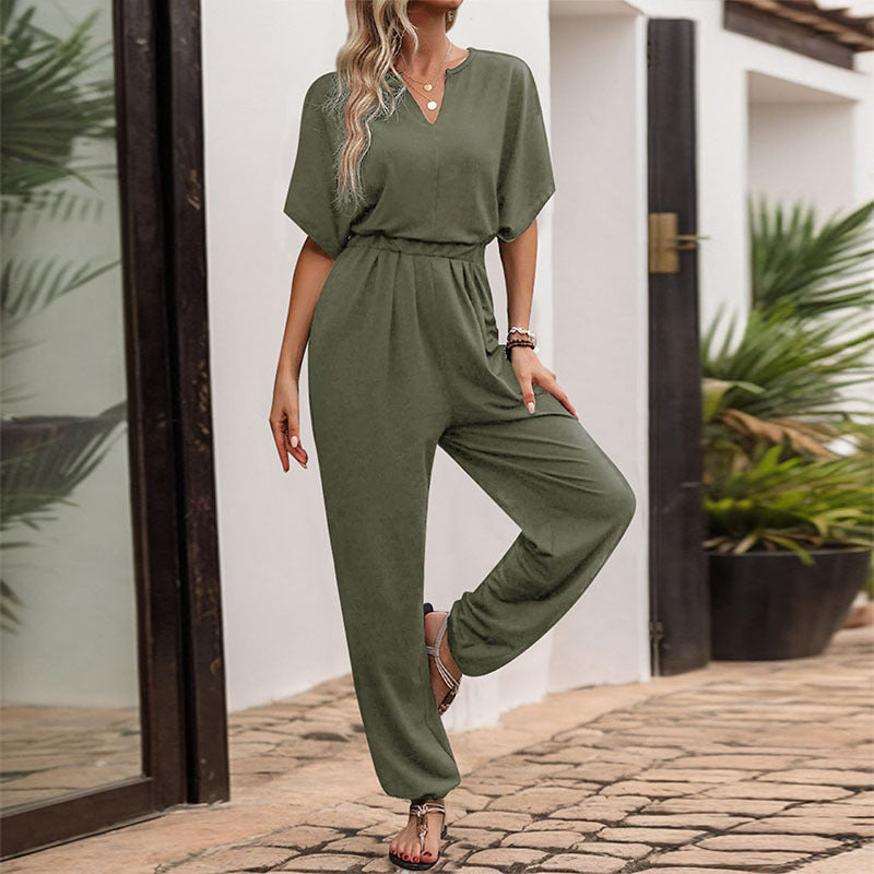 Dame Stilfuld V-Hals Jumpsuit med Elastisk Liv og Vidde Ben Stilla