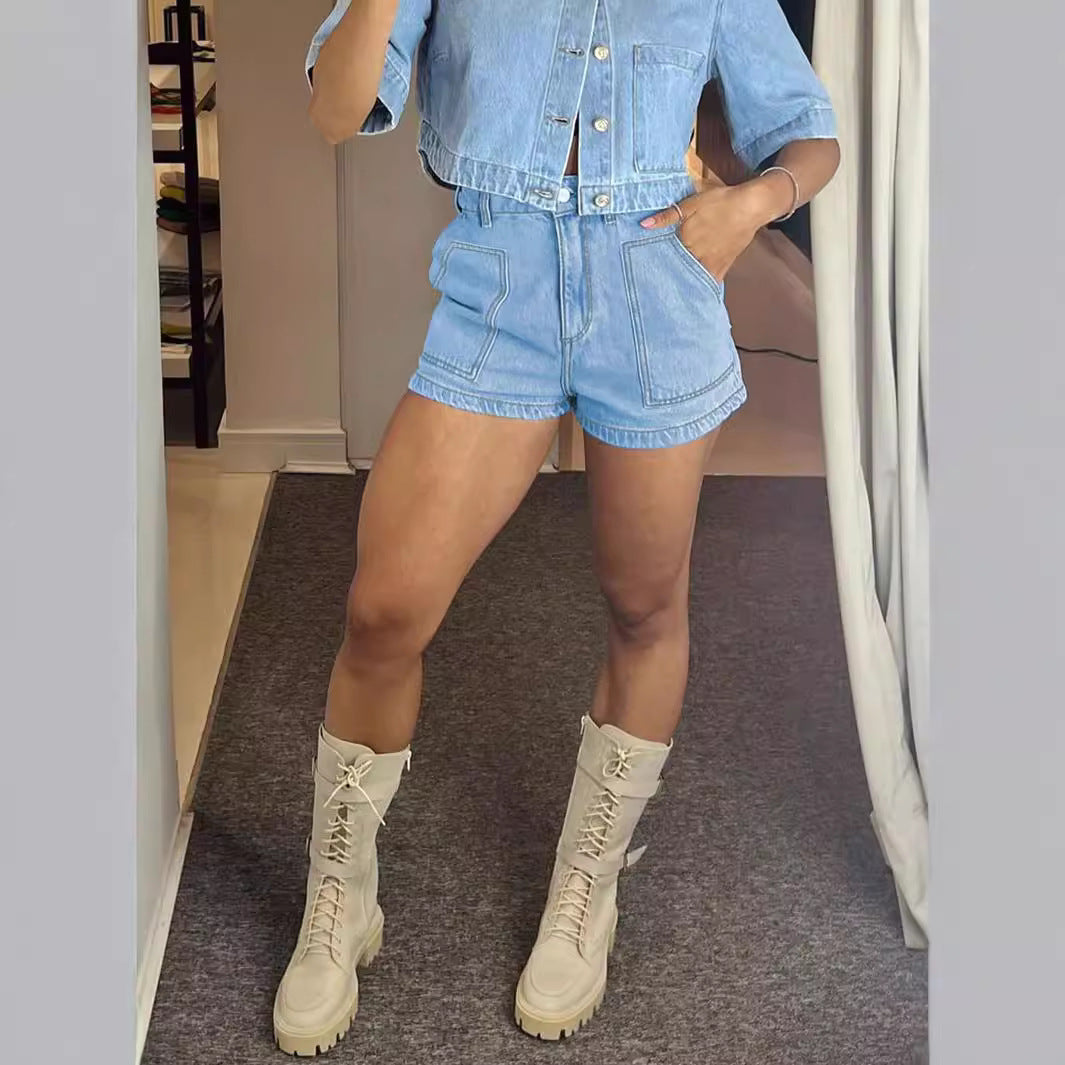 Dame cropped Denim-jakke og shorts sæt med praktiske lommer og figursyet snit Stilla