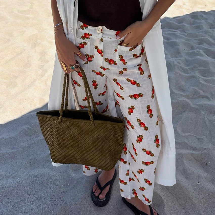 Dame afslappede linnedbukser med maritim hummermotiv og løs pasform Stilla