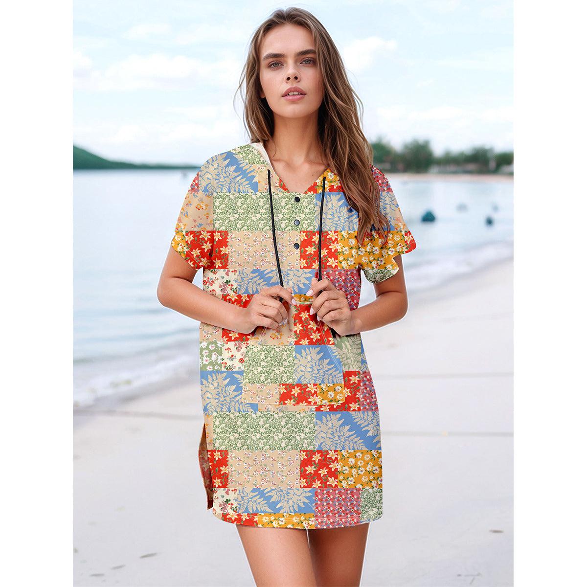 Dame afslappet strandkjole med glædeligt patchwork-design Stilla