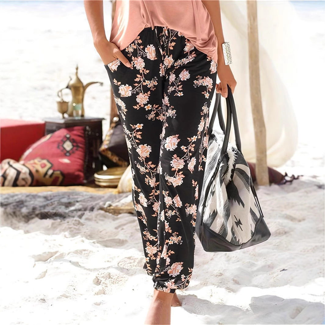 Dame elegant fritidsbukser med blomstermønster og elastisk linning Stilla