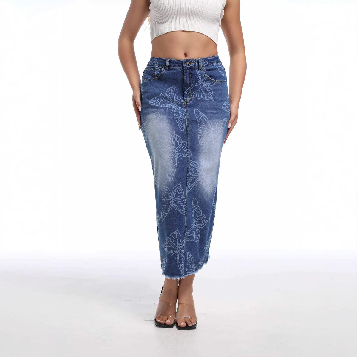 Dame Denim-Midiskirt med sommerfugledesign og slids Stilla
