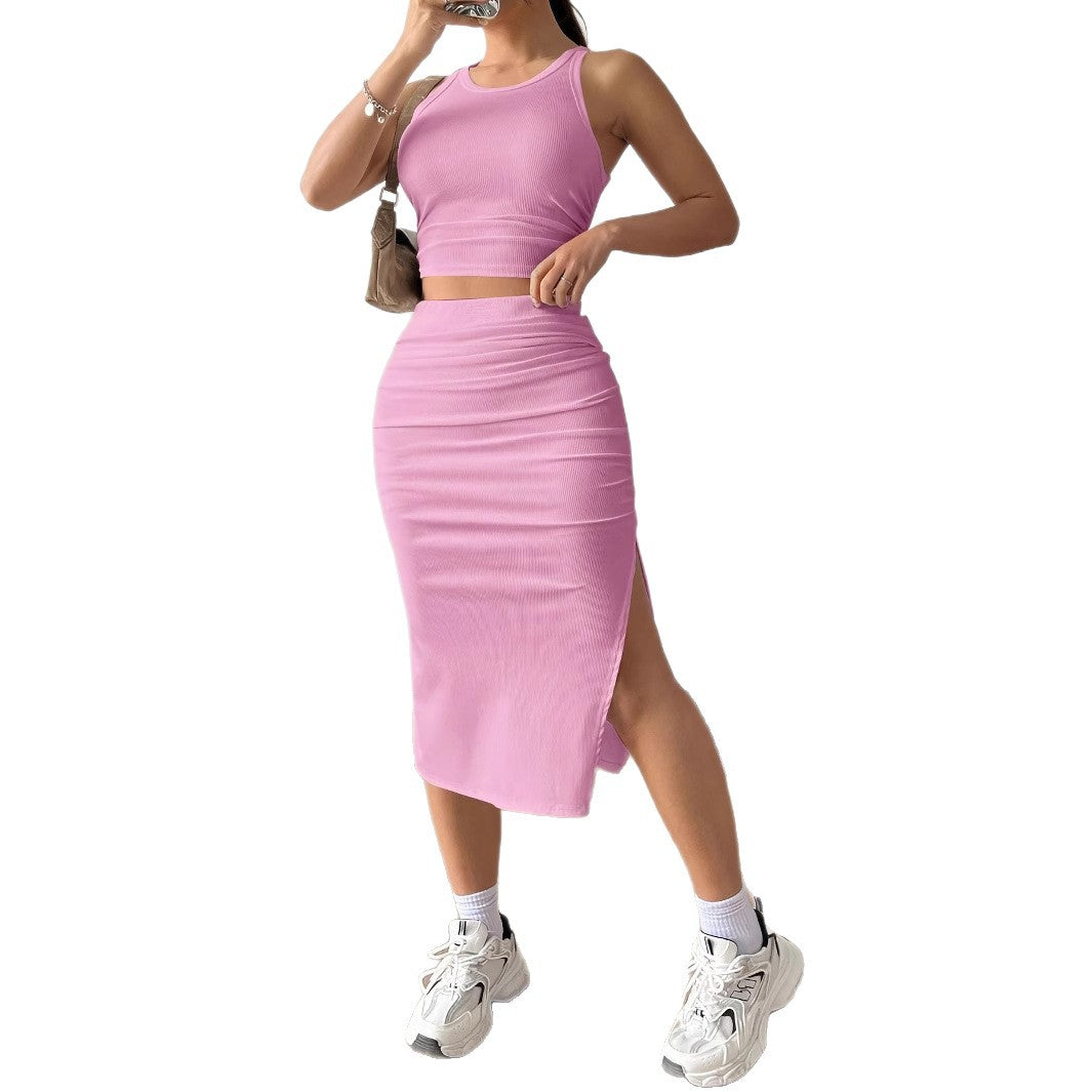 Dame Crop-Top og Nederdel Sæt med Sideslitz og Ribstruktur Stilla