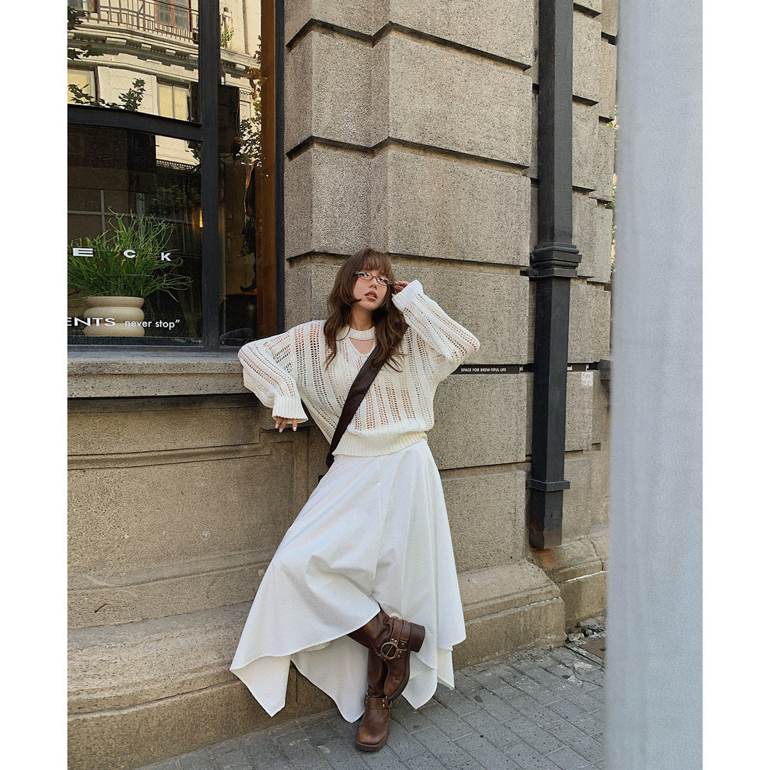 Dame afslappet oversized strikpullover med bølgemønster og fashionable udskæring Stilla