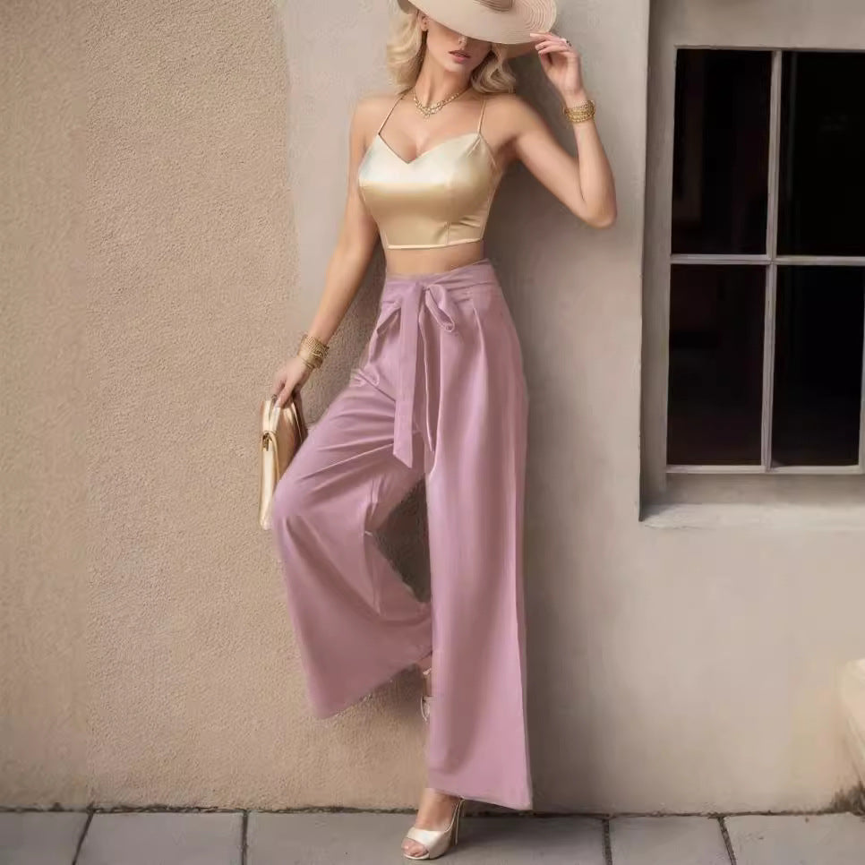 Dame elegant bred Palazzo-bukser med bindebælte Stilla