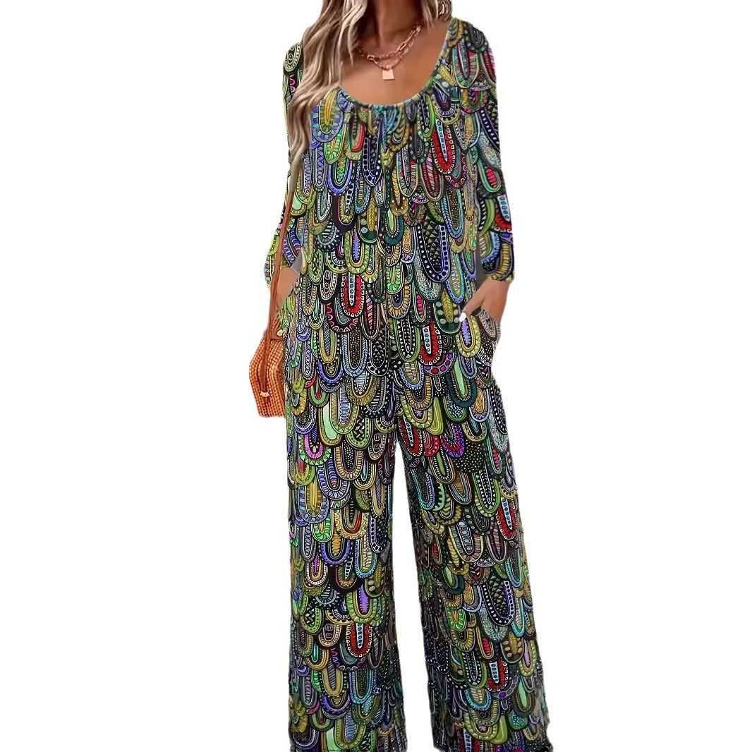 Dame Bredskåret Jumpsuit med farverigt Ethnomønster og sidelommer Stilla