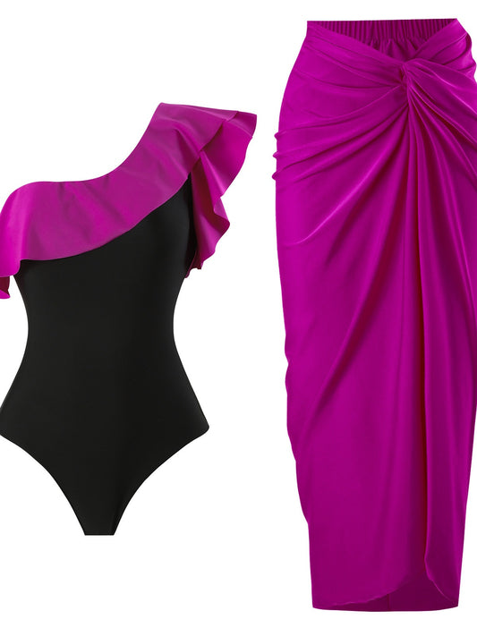 Dame elegant heldragt badedragt med asymmetrisk ruffles design og matchende omslagsskørt Stilla