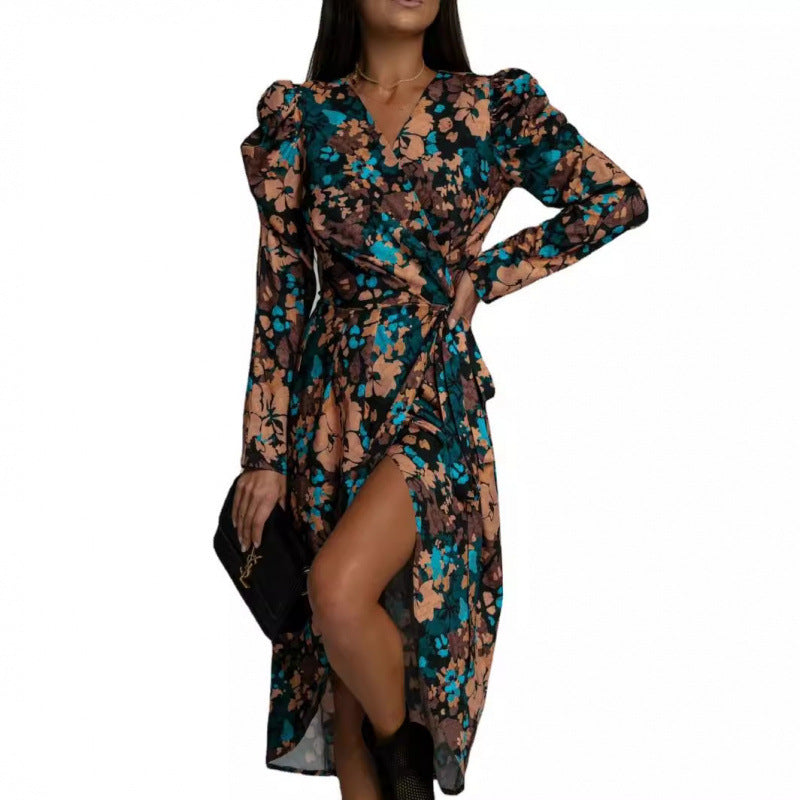 Dame Elegant Blomstret Print Wrap Kjole med Sidelængde Stilla