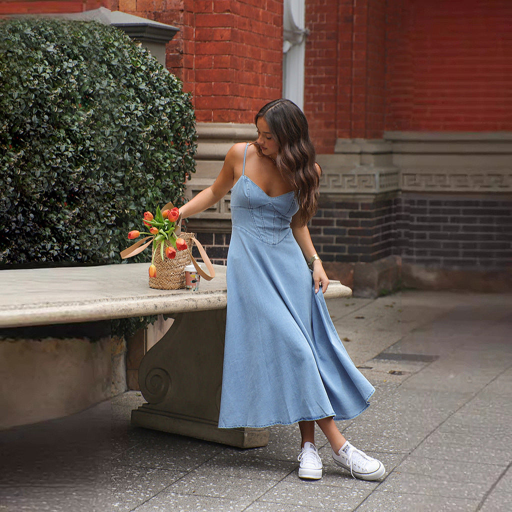 Dame Denim Maxi-kjole med corsage-design og fine spaghetti-stropper Stilla