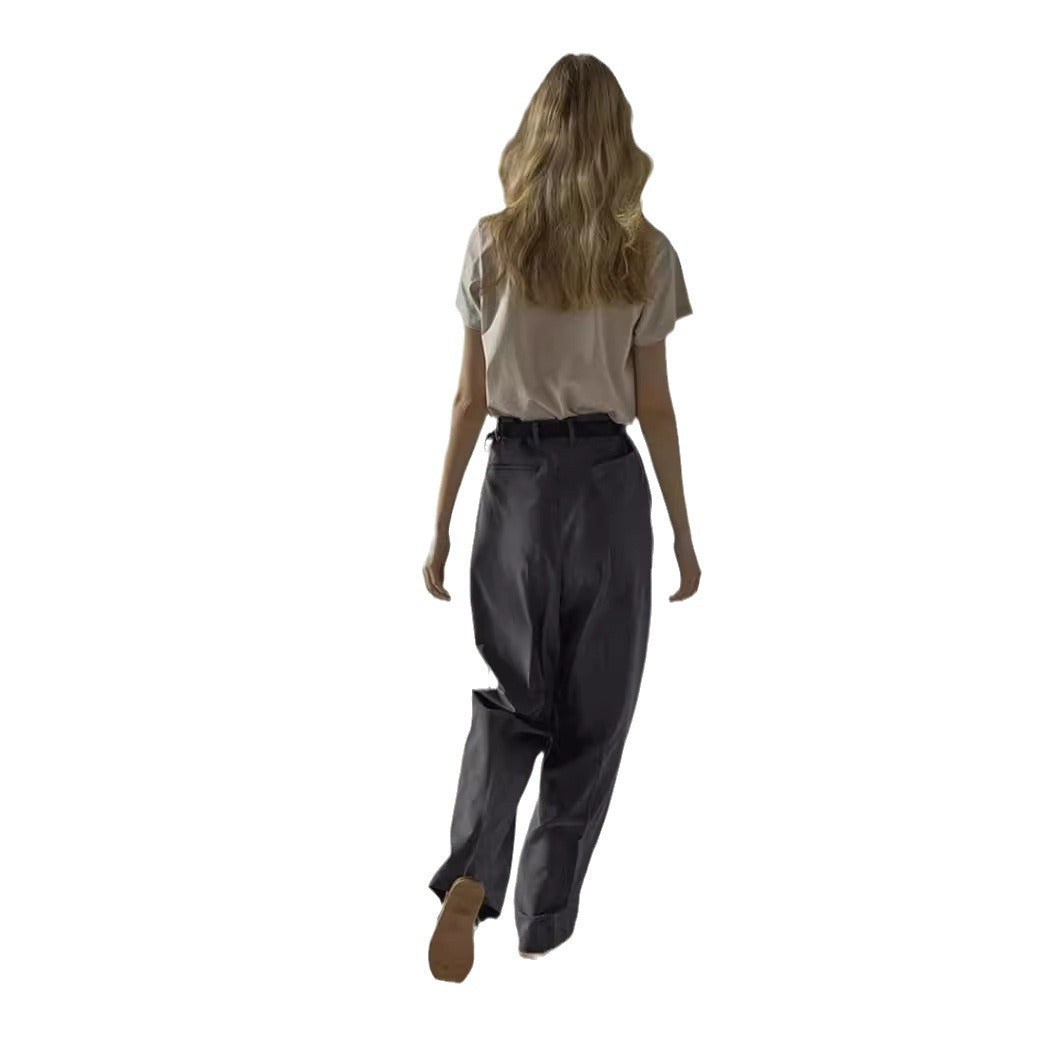 Dame elegant bred jakkesætsbukser med højliv og smart bælte Stilla