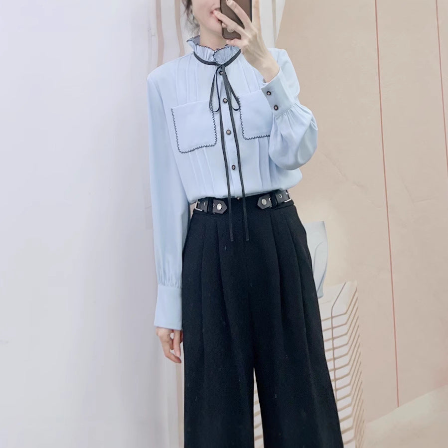 Dame elegant bluse med flæsedetaljer og fashionable bindebånd Stilla