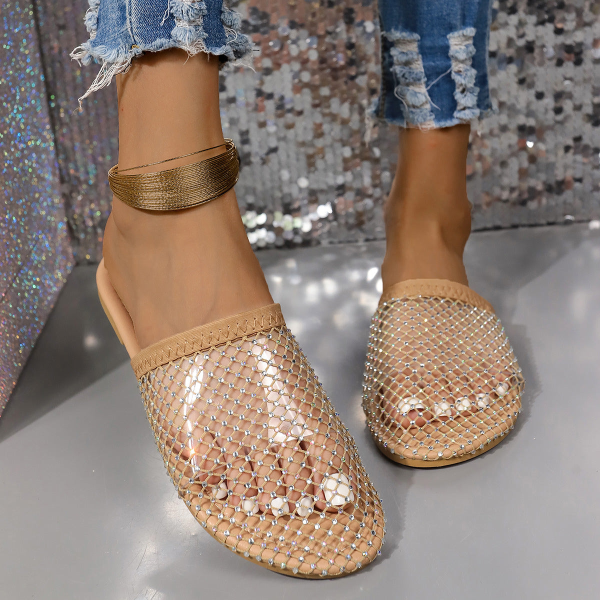 Dame Pantolette med glitrende strassapplikationer og elegant netdesign Stilla