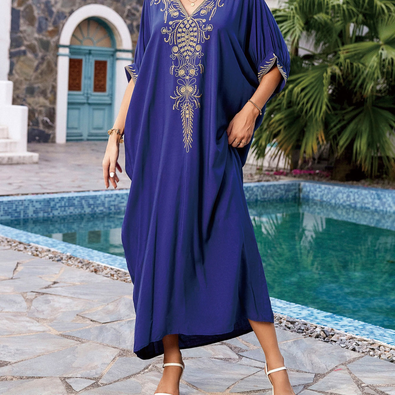 Dame Elegant Kaftankjole med kunstnerisk broderi og luftige ærmer Stilla