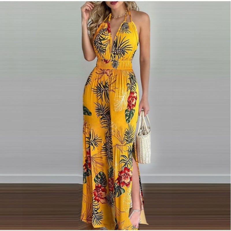 Kvinder Bohemian Halterneck Maxi Jumpsuit med siden slids Stilla