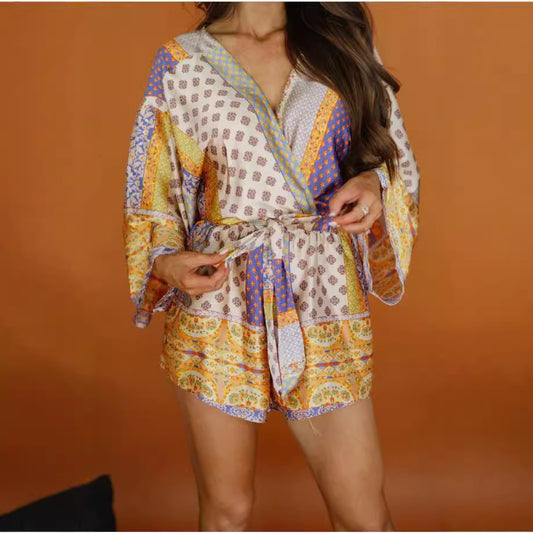 Dame Boho-inspireret kortærmet jumpsuit med rynket talje Stilla