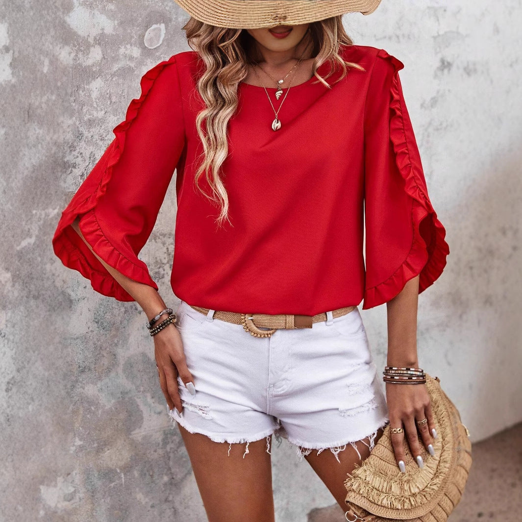 Dame afslappet bluse med flæsedetaljer og bred pasform Stilla