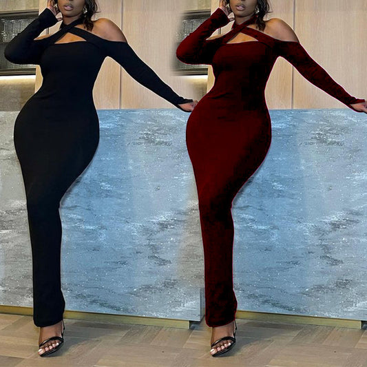 Dame Elegant Langærmet Maxikjole med cut-out Detalje Stilla