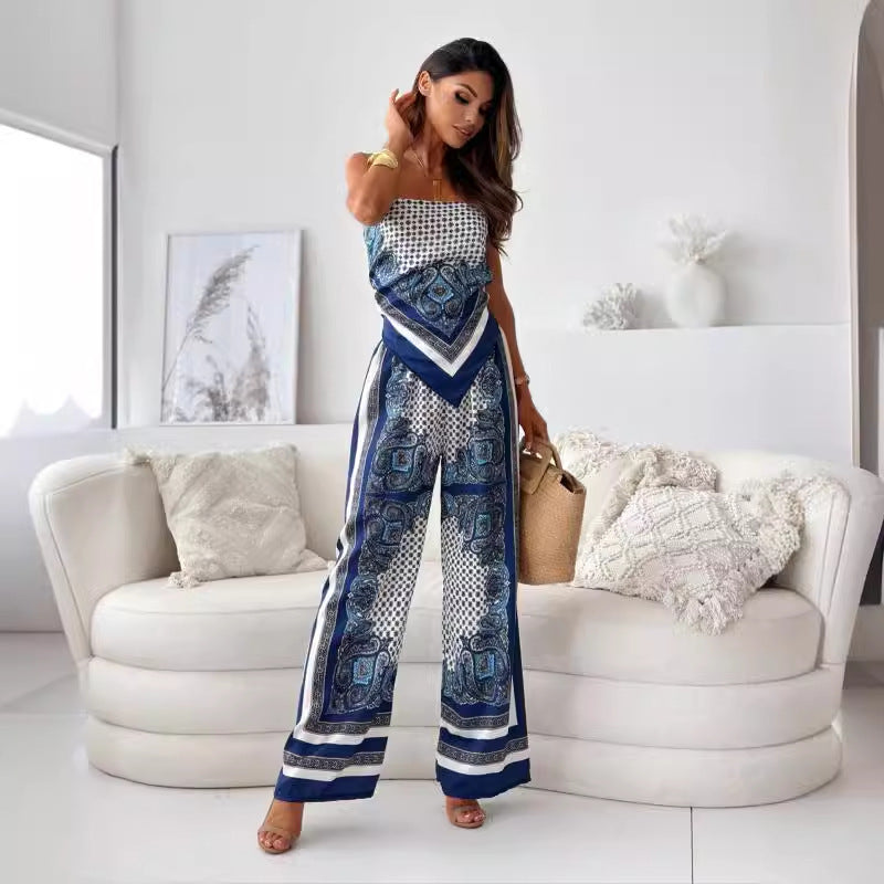 Dame elegant jumpsuit med fine stropper og unikt mønster Stilla