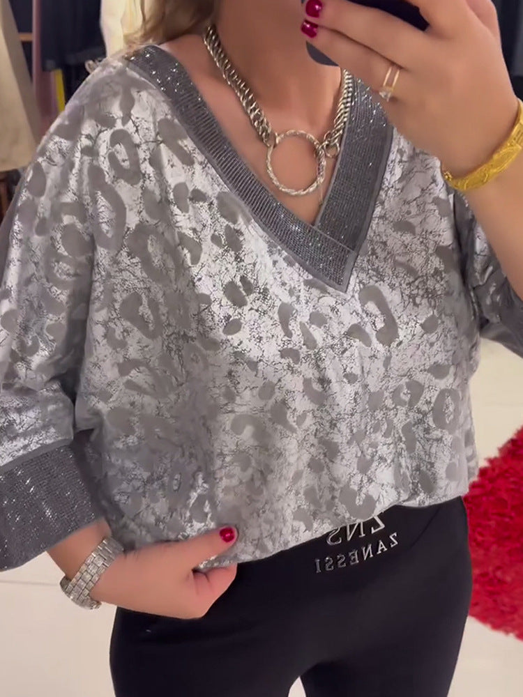 Dame Elegant Bluse med skinnende accenter og V-udskæring Stilla