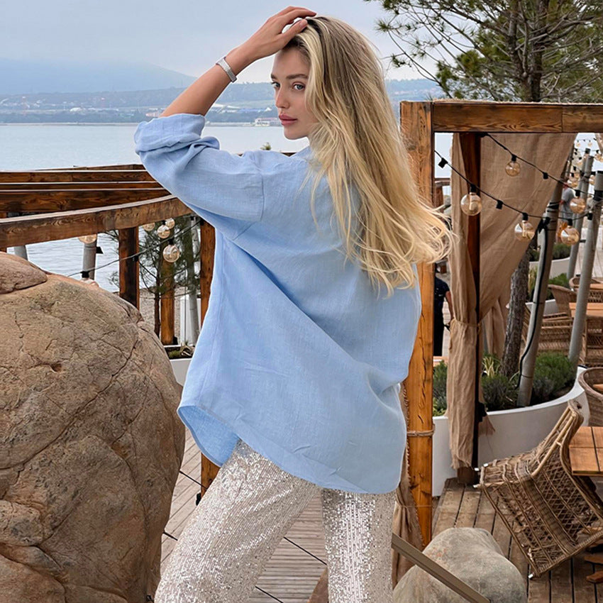 Dame afslappet bluse med knude-formet kant og brede ærmer Stilla