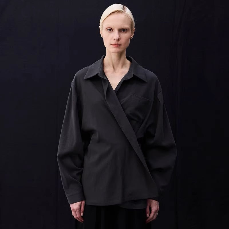 Dame elegant indpakningsbluse med stor krave og brede ærmer Stilla