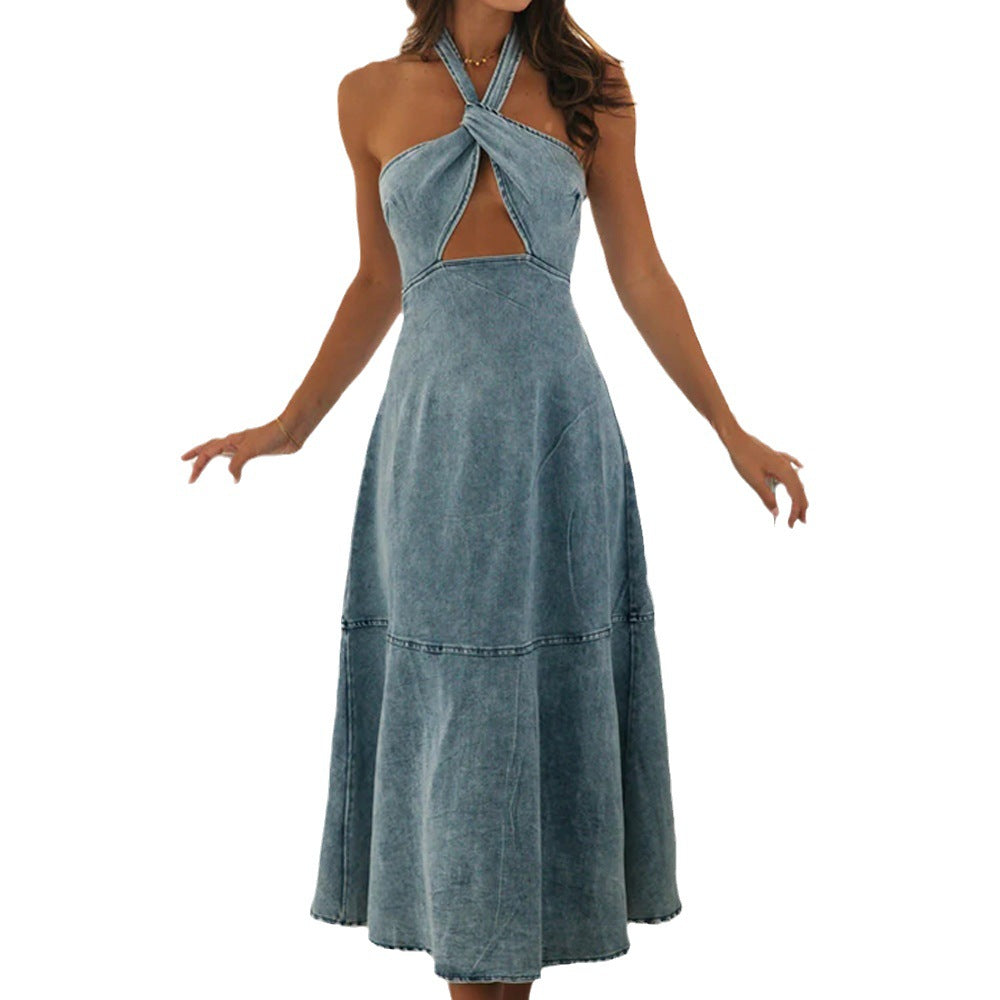 Dame afslappet Denim Maxikjole med legende udskæring og snitdetaljer Stilla